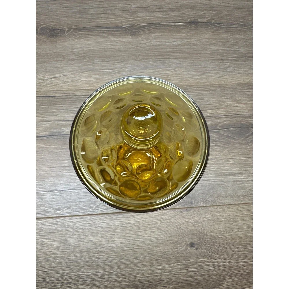Vintage 1960s Hazel Atlas Eldorado Amber Glass Covered Candy Dish, Coin Dot Text
